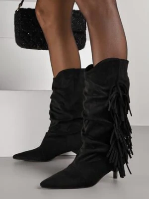 Czarne Botki na Obcasie Typu Kaczuszka z Marszczeniem i Frędzlami Latireia c'm paris