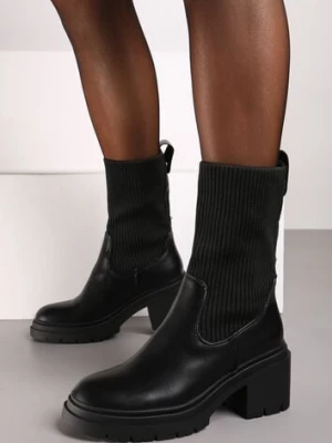 Czarne Botki na Obcasie Typu Słupek ze Skarpetkową Cholewką Niriselle