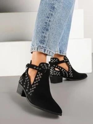 Czarne Botki na Obcasie w Stylu Kowbojek z Wycięciem i Nitami Eleavira