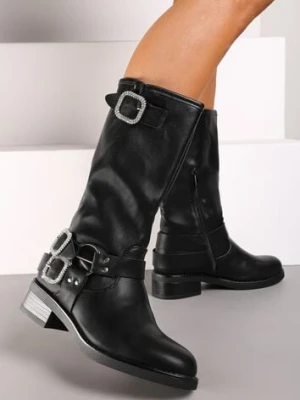 Czarne Botki na Płaskiej Podeszwie Bikery Ozdobione Klamrami i Cyrkoniami Arfonia