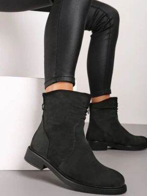 Czarne Botki na Płaskiej Podeszwie z Marszczeniami przy Cholewce z Suwakiem Raisine