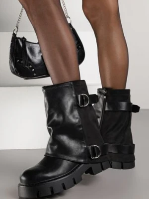 Czarne Botki na Platformie z Wywiniętą Cholewką i Paskami ze Sprzączkami Zevrina c'm paris