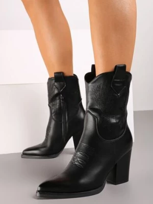 Czarne Botki na Słupku w Stylu Kowbojek Ozdobione Haftem Merisetta