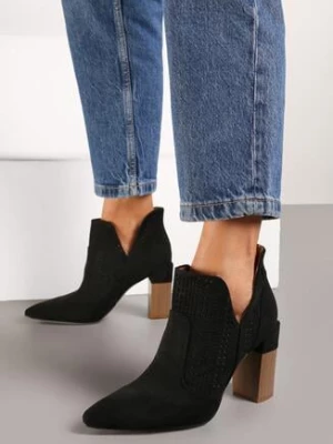 Czarne Botki na Słupku z Ażurową Wstawką Bevitis