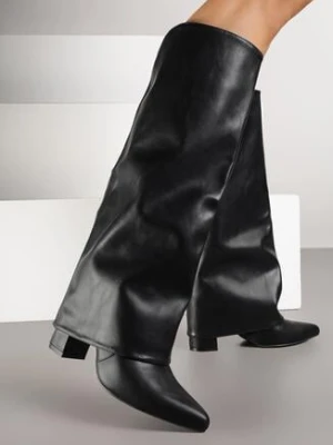 Czarne Botki na Słupku z Dodatkową Cholewką Imitującą Nogawkę Nalapeia bestelle