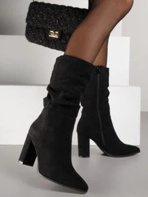 Czarne Botki na Słupku z Marszczoną Cholewką z Imitacji Zamszu Leavie ideal