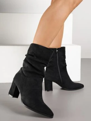 Czarne Botki na Słupku z Marszczoną Cholewką z Imitacji Zamszu Nalurine super mode