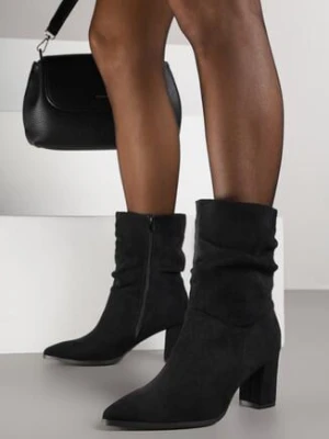Czarne Botki na Słupku z Marszczoną Cholewką z Imitacji Zamszu Nalurine super mode
