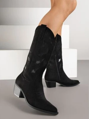 Czarne Botki na Stożku w Stylu Kowbojek Ozdobione Geometrycznym Motywem Latiresa ideal