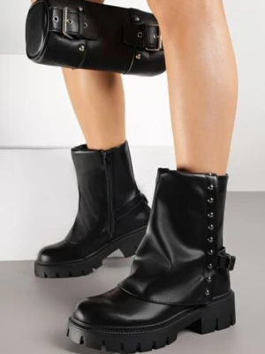 Czarne Botki Ozdobione Klamrą i Wywiniętą Cholewką Ansone romanciaga