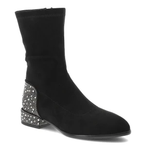 Botki damskie S. Barski, materiałowe z cyrkoniami na pięcie na płaskim obcasie, czarne, MR52-164 S.Barski