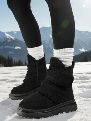 Czarne Botki Śniegowce na Grubej Podeszwie Ozdobione Szerokimi Rzepami Amerria next step