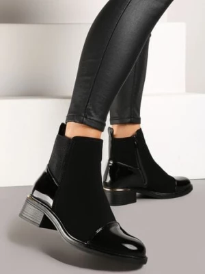 Czarne Botki Sztyblety na Słupku Ozdobione Lakierowanymi Wstawkami Sintinnira