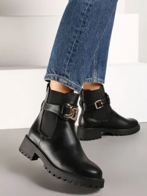 Czarne Botki Sztyblety na Słupku z Metaliczną Ozdobą Venselle