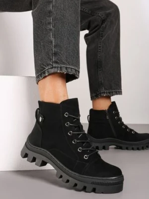 Czarne Botki Trapery na Platformie Ozdobione Paskiem Argiva