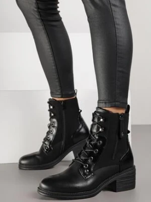 Czarne Botki Trzewiki na Klockowym Obcasie Zdobione Suwakiem Salittea lady glory