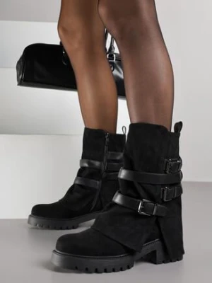 Czarne Botki Typu Bikery z Wywiniętą Cholewką z Klamrami Selora
