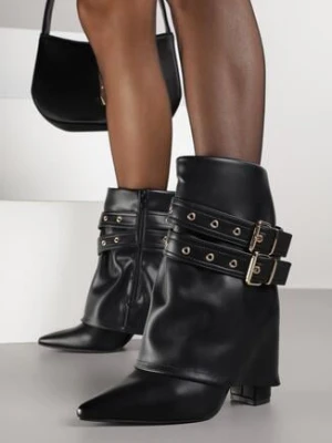 Czarne Botki Typu Kowbojki na Obcasie z Wywiniętą Cholewką i Klamrami Cidvire ideal