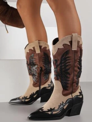 Czarne Botki Typu Kowbojki na Stożkowym Obcasie z Tłoczonym Wzorem Badorella ideal