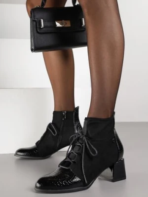 Czarne Botki Typu Trzewiki Vices na Słupku Ozdobione Lakierowanymi Elementami Adenella