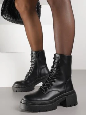 Czarne Botki Typu Workery Vices Platformie z Tłoczeniem i Ozdobą Violowa