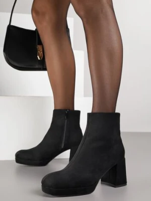 Czarne Botki Vices do Kostki z Imitacji Zamszu na Słupkowym Obcasie Vedvira