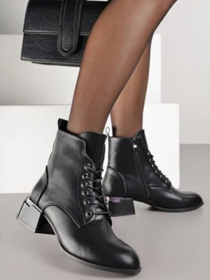 Czarne Botki Vices na Klocku ze Zdobieniem i Sznurowaną Cholewką Falmirea