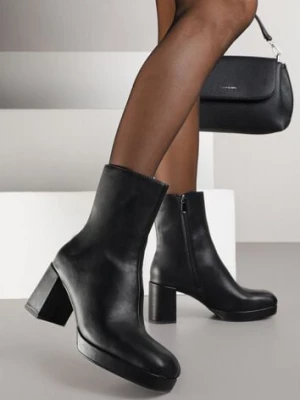 Czarne Botki Vices na Platformie i Słupku Ozdobione z Kwadratowym Noskiem Faleanna