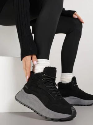 Czarne Sneakersy Śniegowce Vices na Platformie Ozdobione Napisem i Futerkiem Lanite