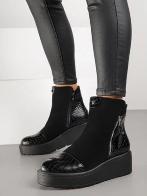 Czarne Botki Vices na Platformie z Tłoczeniem Krokodyla Falarena