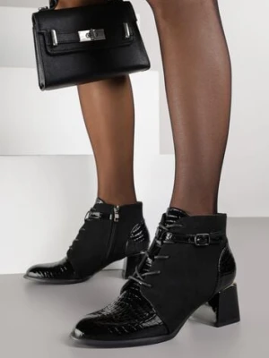 Czarne Botki Vices Typu Trzewiki na Słupku z Lakierowanymi Wstawkami i Klamrą Madvira