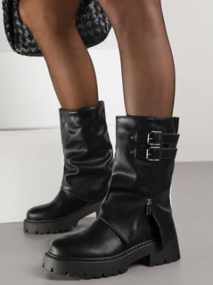 Czarne Botki VICES w Motocyklowym Stylu z Wywiniętą Cholewką z Klamrami Anivite