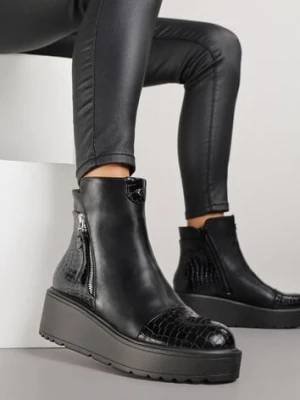 Czarne Botki Vices z Imitacji Skóry na Platformie Ozdobione Tłoczeniem Faleressa