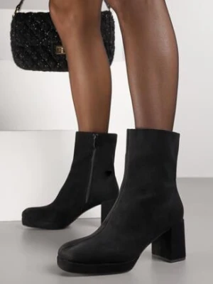 Czarne Botki Vices z Imitacji Zamszu na Obcasie i Platformie z Kwadratowym Noskiem Faliresa