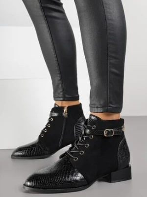 Czarne Botki Vices Zdobione Imitacją Skóry Węża i Klamerką Gelisa