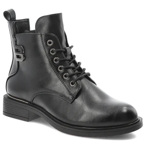 Botki damskie Vinceza, na płaskim obcasie ze skóry eko i ozdobna broszka, czarne, 58571-BK-PU