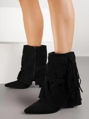 Czarne Botki w Stylu Boho z Wywiniętą Cholewką i Frędzlami Harile ideal