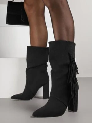 Czarne Botki w Stylu Kowbojek na Obcasie Ozdobione Frędzlami Reitania