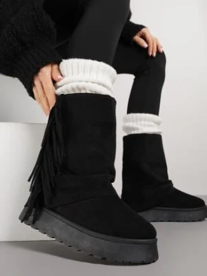 Czarne Botki w Stylu Śniegowców z Frędzlami i Cholewką Imitującą Nogawkę Sierafera