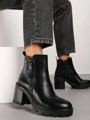 Czarne Botki na Obcasie Ozdobione Suwakiem Lerinea