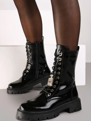 Czarne Botki Workery Lakierowane na Platformie z Aplikacją na Sznurówkach Lerienne