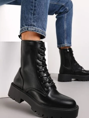 Czarne Botki Workery na Grubej Podeszwie z Suwakiem i Wiązaniem Harleia