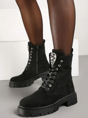 Czarne Botki Workery na Płaskiej Podeszwie ze Sznurowaniem i Ozdobą z Cyrkoniami Savilora