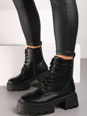 Czarne Botki Workery na Platformie i Słupku ze Sznurowaniem Iniefra
