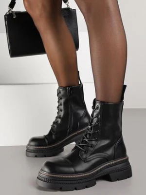 Czarne Botki Workery na Podeszwie z Tłoczeniami Temishe gogo gogo