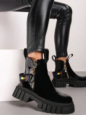 Czarne Botki Workery Ozdobione Odpinaną Taśmą z Kolorowym Napisem Terilda