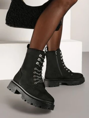 Czarne Botki Workery z Ekozamszu na Płaskiej Podeszwie Wykończone Cyrkoniami Lerissna vices