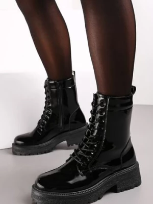 Czarne Botki Workery z Lakierowaną Cholewką Nouria