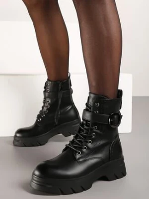 Czarne Botki Workery z Ozdobną Klamerką i Grubą Podeszwą Beriela
