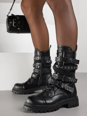 Czarne Botki Workery z Paskami z Ćwiekami i Klamrami w Rockowym Stylu Zarfina marquiiz